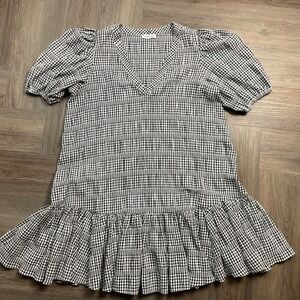 Calvin Klein Gingham Dress Womens 14 Black White Ruffle Hem Babydoll Cottagecore